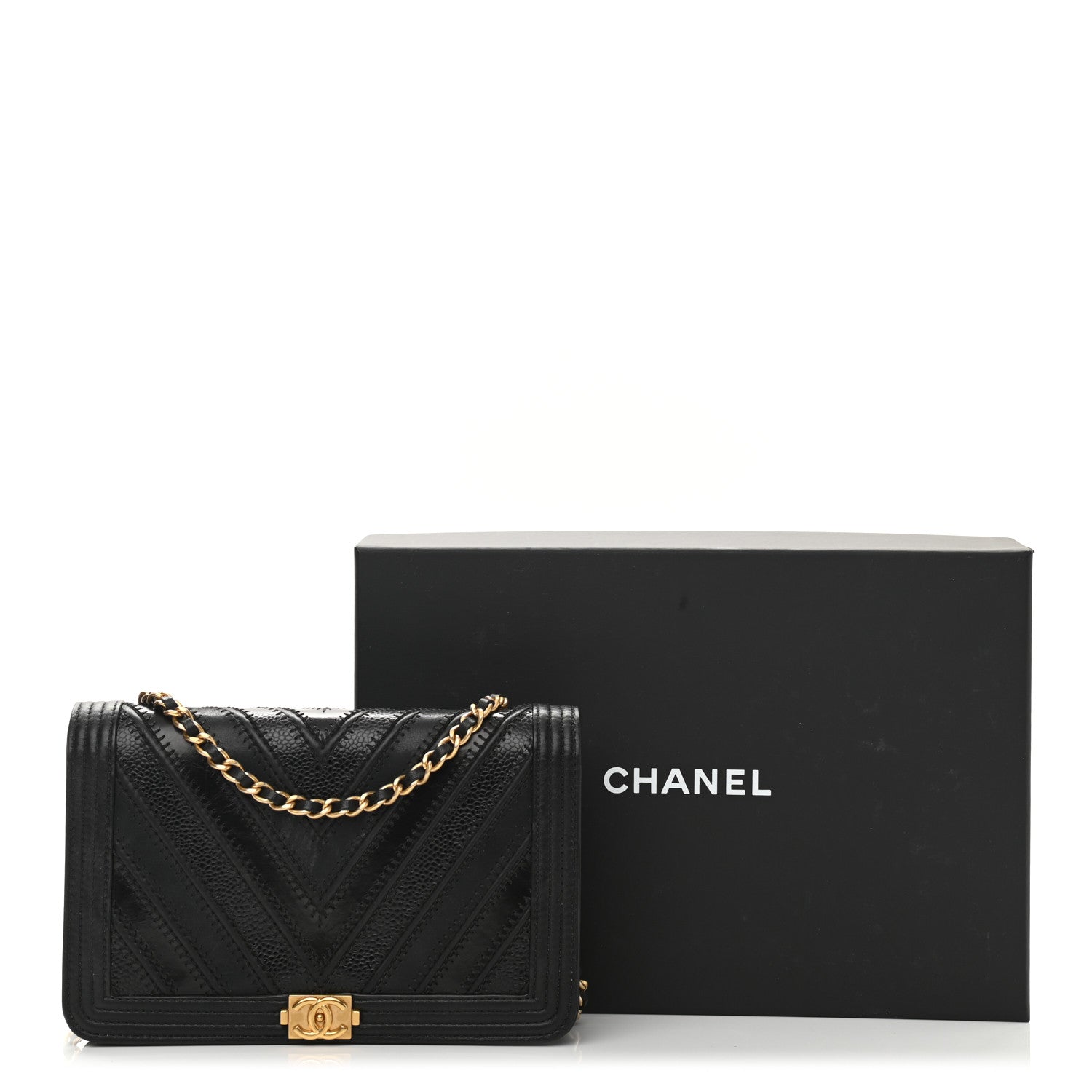 Chanel Calfskin Caviar Chevron Quilted Mixed Boy Wallet On Chain WOC Black 12 of 12