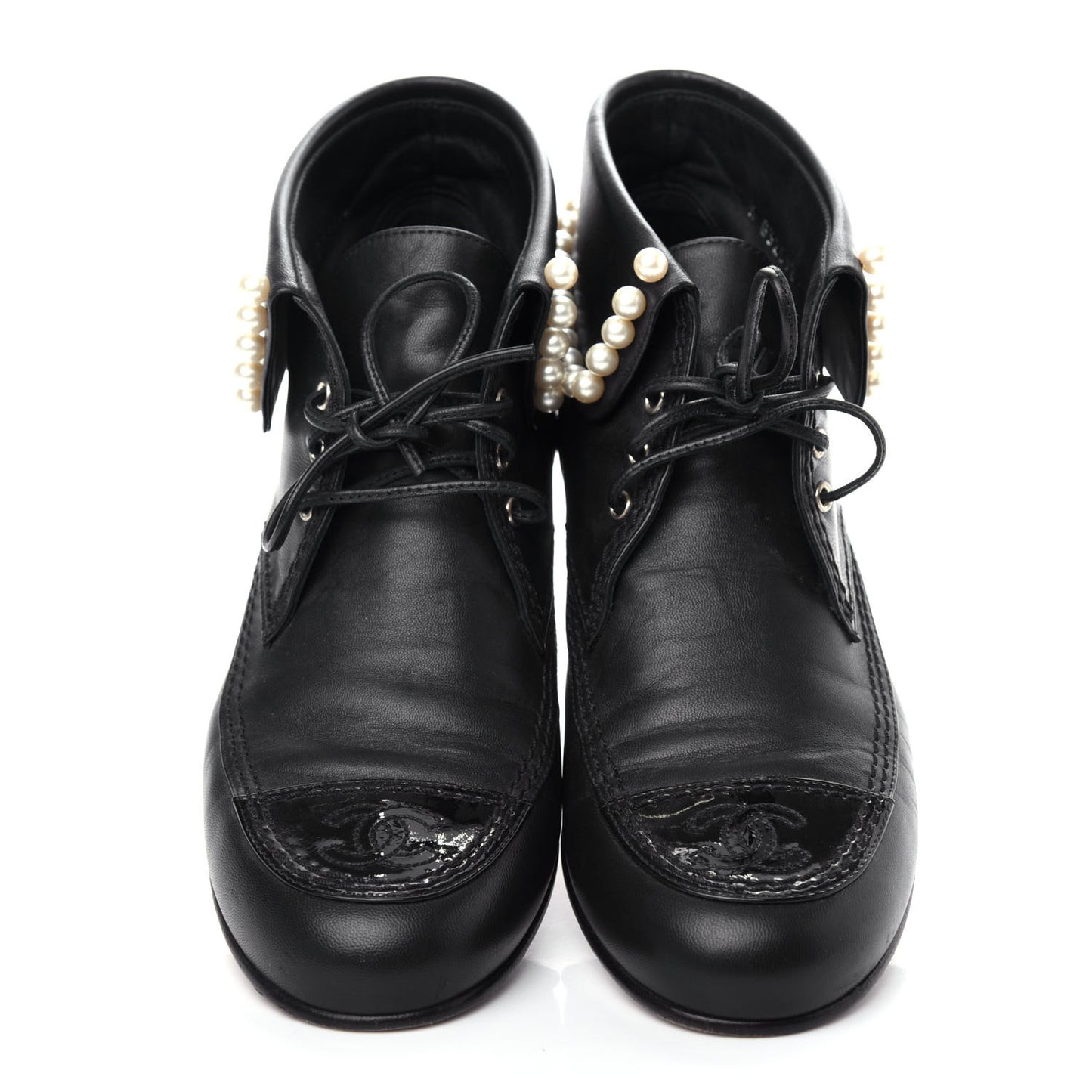 Lambskin Patent Calfskin Pearl Lace Up Boots 37.5 Black
