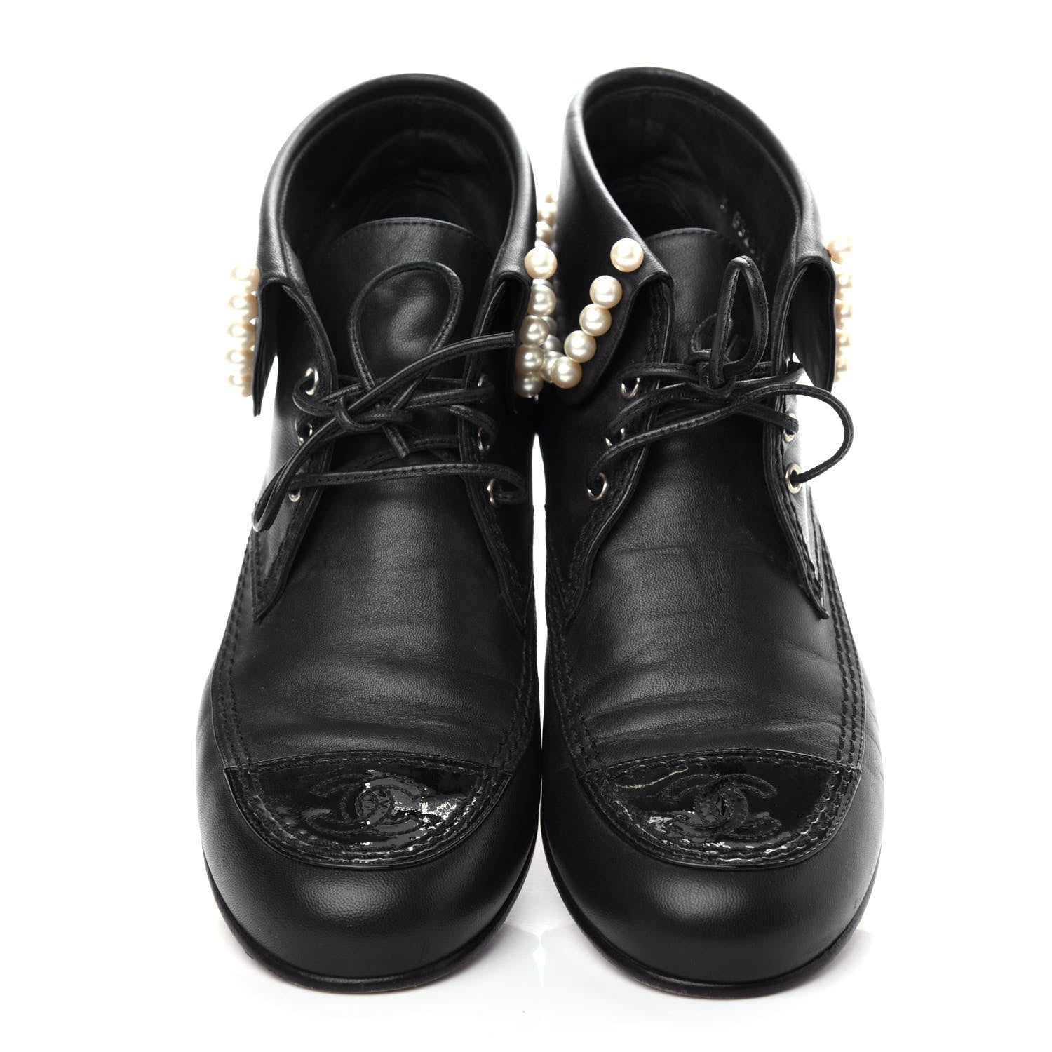 Chanel Lambskin Patent Calfskin Pearl Lace Up Boots 37.5 Black 5 of 10