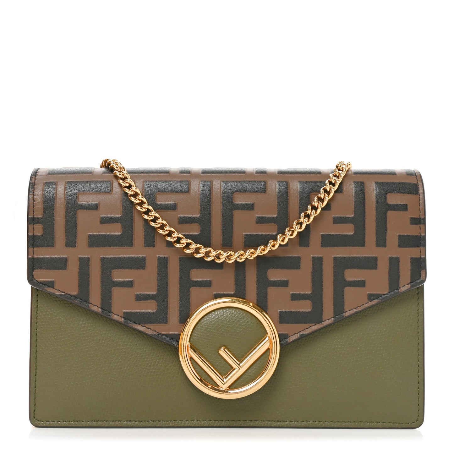 Vitello Cruise F is Fendi Bi-Color FF 1974 Embossed Medium Envelope Wallet On Chain Asparago Maya