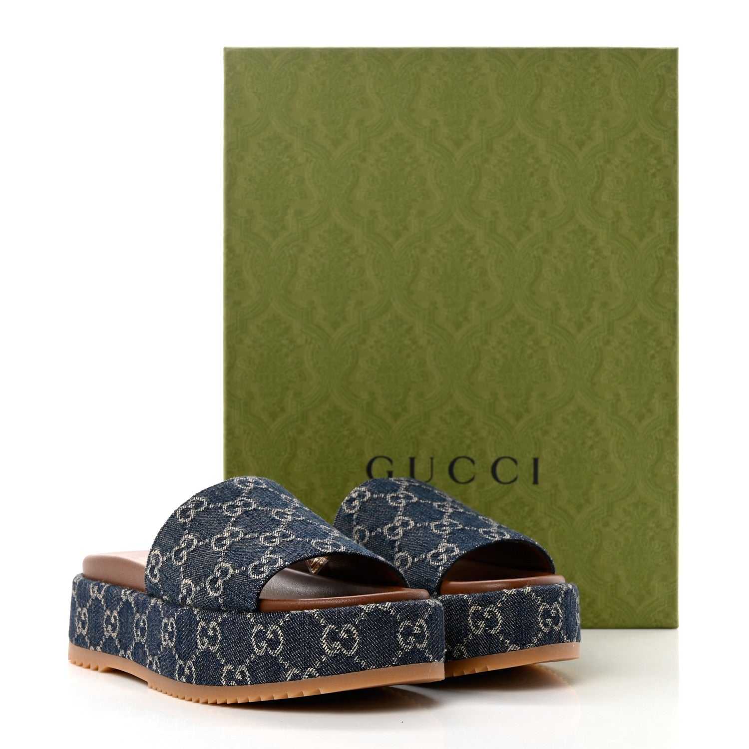 Gucci New Denim GG Monogram Angelina Platform 55mm Slide Sandals 38 Blue Tea 8 of 9
