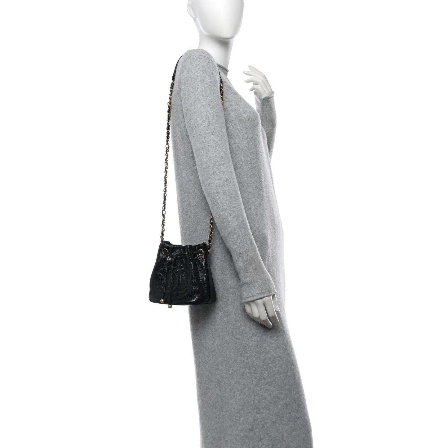 Shiny Aged Calfskin CC Chain Mini Drawstring Bag Black