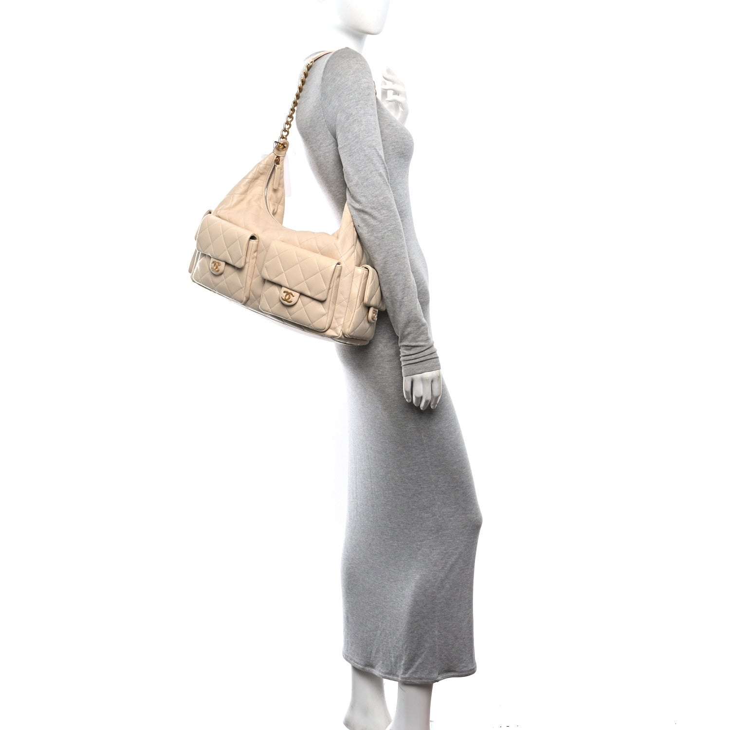 Chanel Shiny Lambskin Quilted Maxi Trendy Pockets Hobo Beige 2 of 11