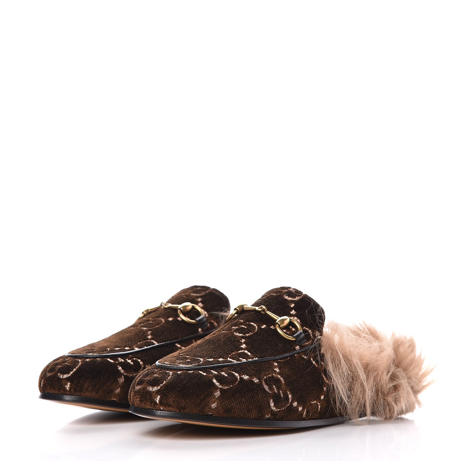 Gucci Velvet GG Monogram Fur Womens Princetown Slippers 36 Brown Black Natural 3 of 8