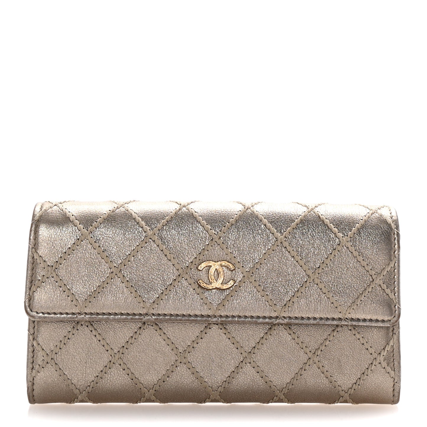 Metallic Lambskin Quilted Stitch Large Gusset Flap Wallet Gold