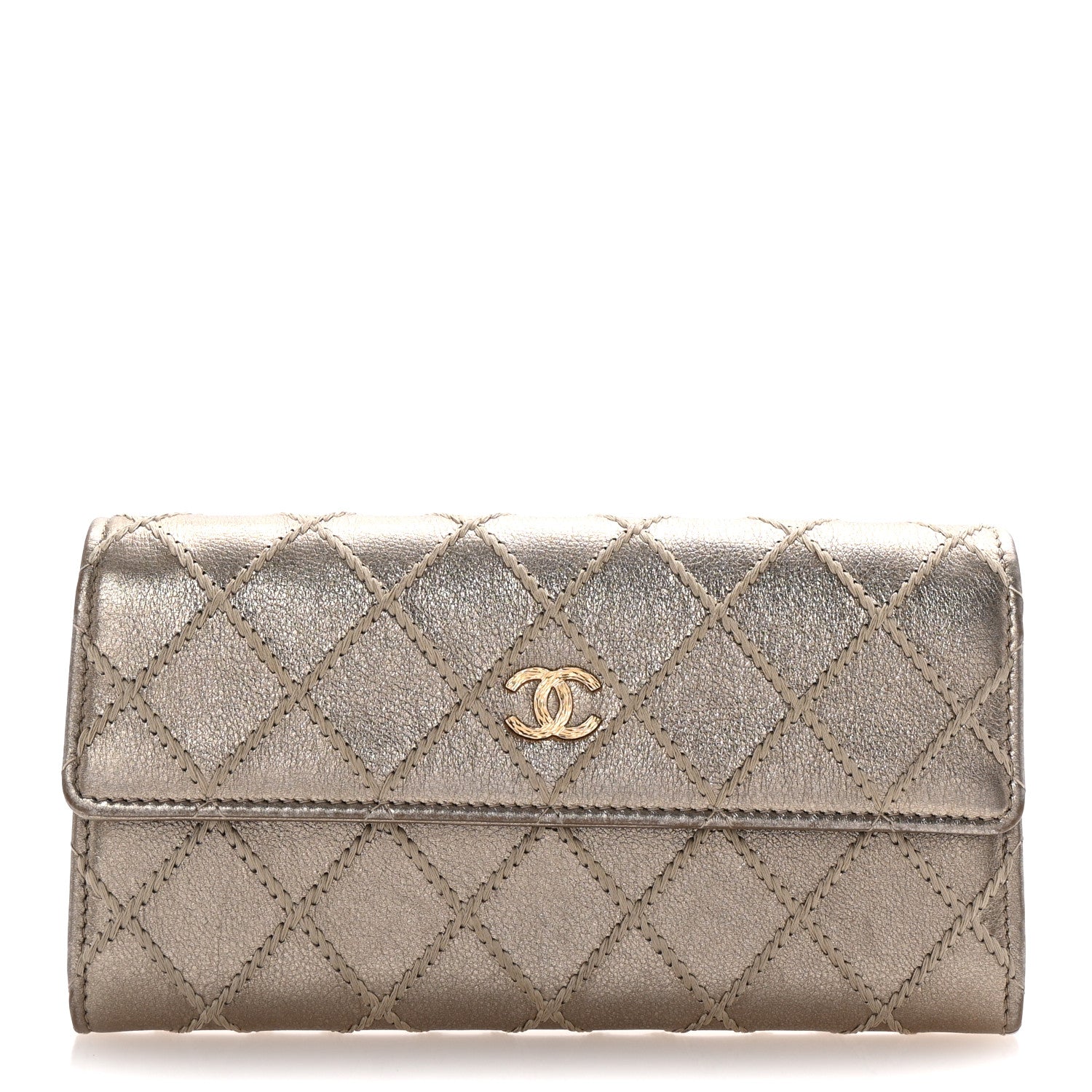 Chanel Metallic Lambskin Quilted Stitch Large Gusset Flap Wallet Gold 1 of 9