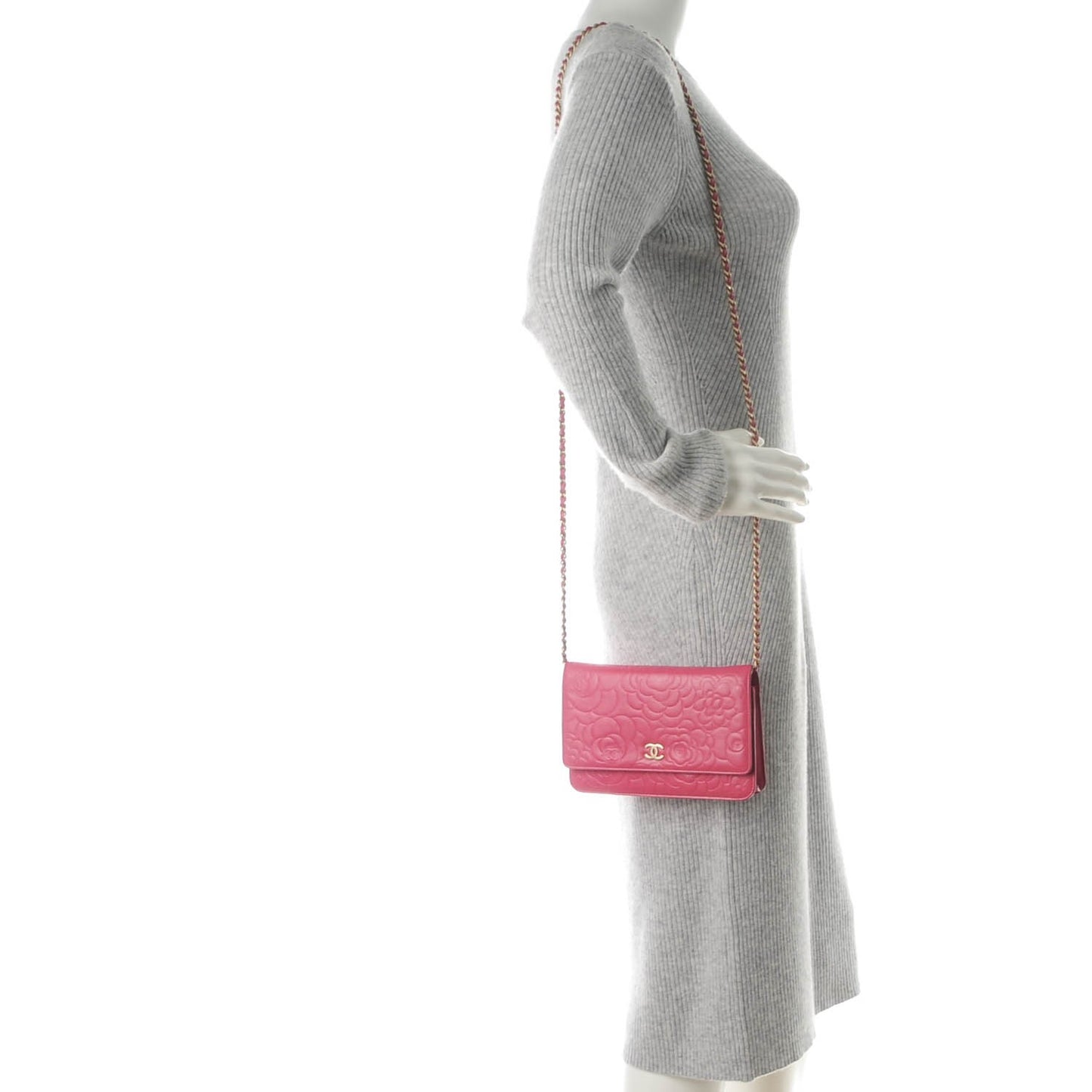 Lambskin Camellia Embossed Wallet On Chain WOC Pink