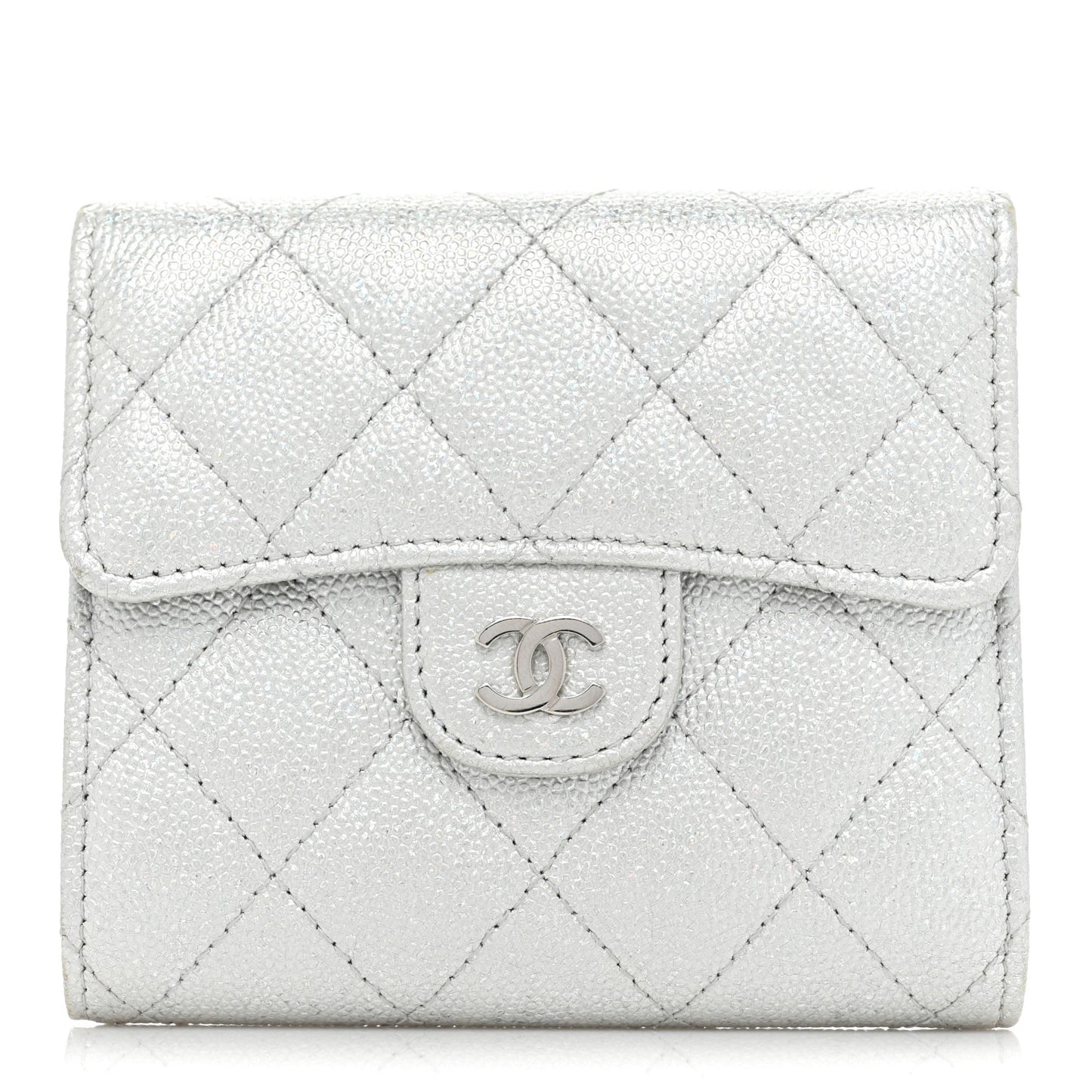 Metallic Caviar Quilted Compact Flap Wallet Silver
