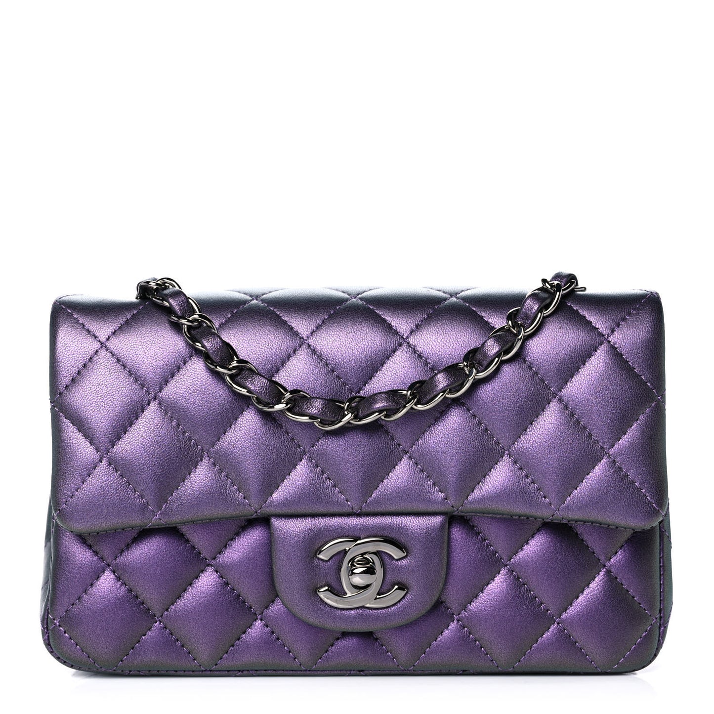 Iridescent Lambskin Quilted Mini Rectangular Flap Purple