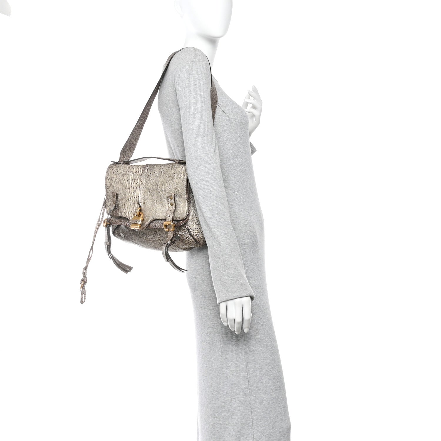 Chloe Metallic Pebbled Lambskin Paddington Satchel Grey 2 of 14