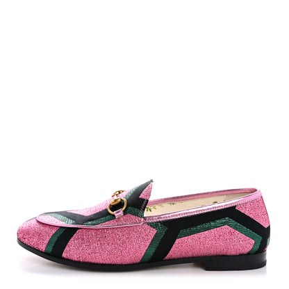 Gucci Metallic Jacquard Geometric Horsebit Womens Jordaan Loafers 37 Pink Green Black 1 of 13