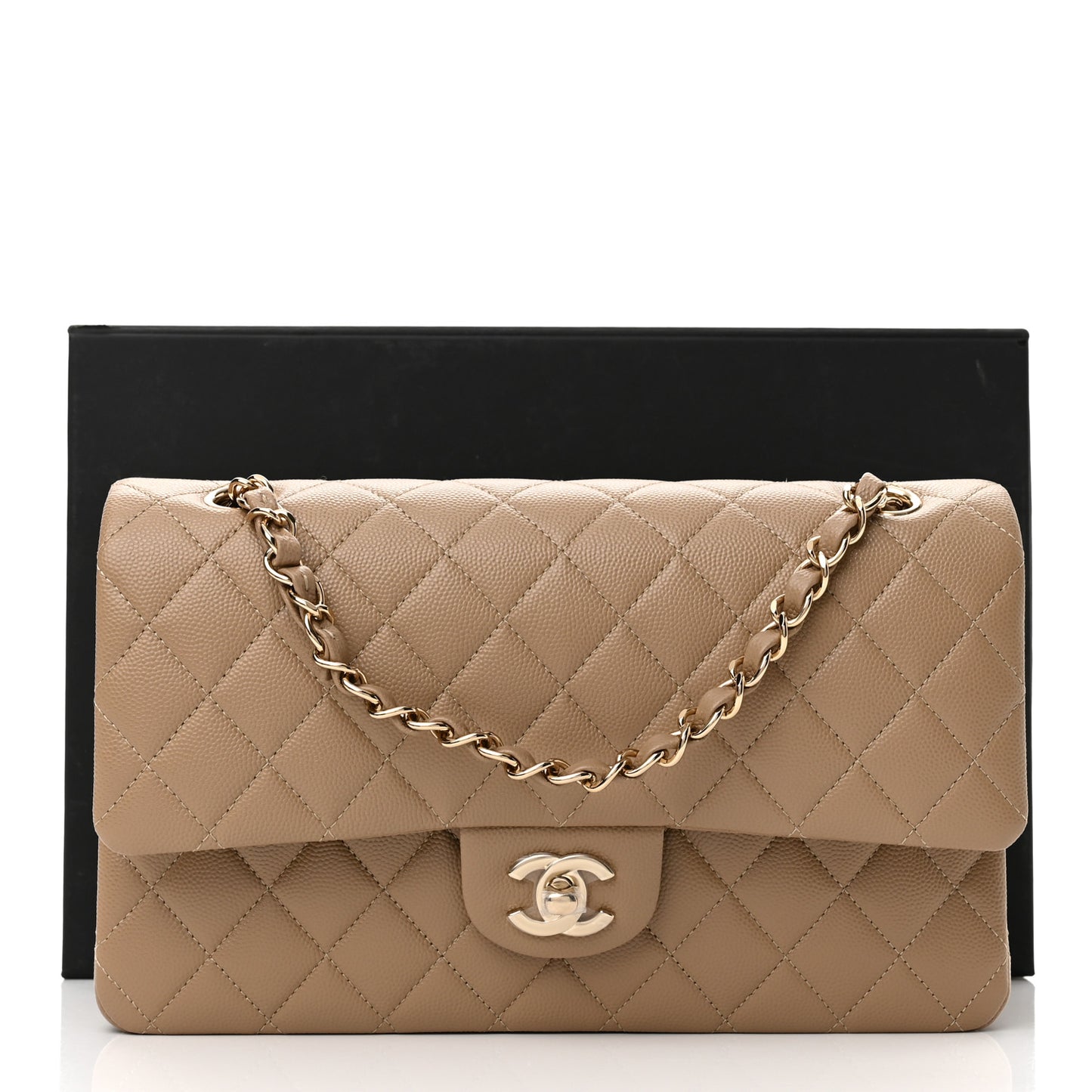 Caviar Quilted Medium Double Flap Beige