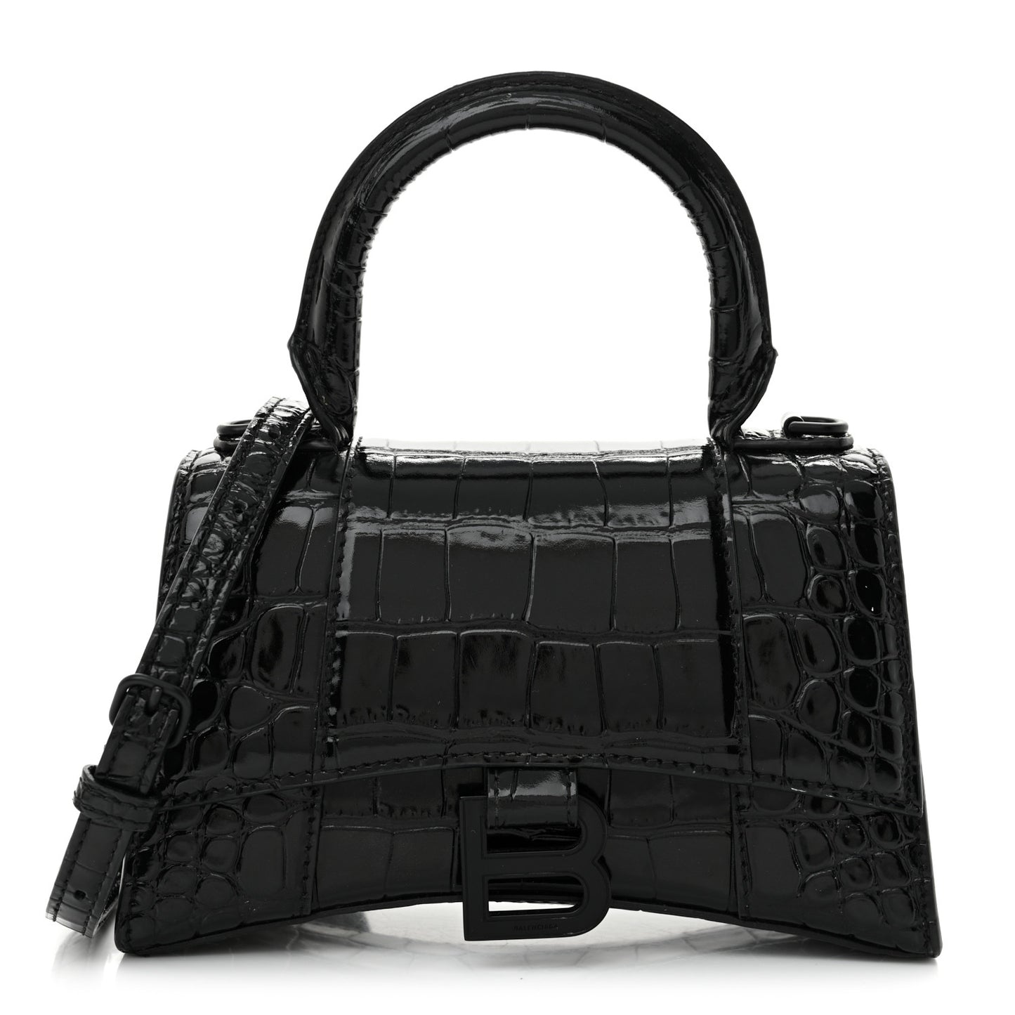 Shiny Calfskin Monochrome Crocodile Embossed Hourglass Top Handle Bag XS Black