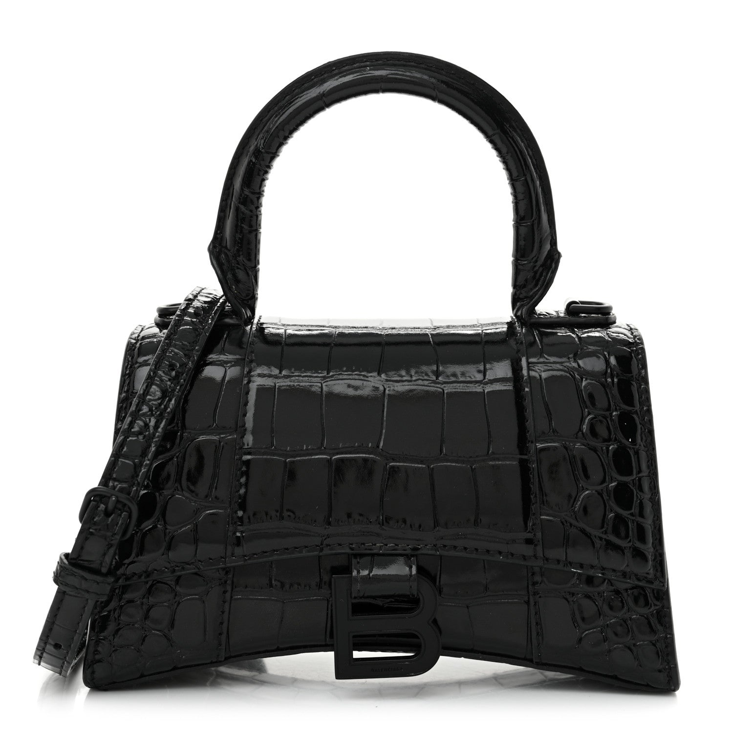 Balenciaga Shiny Calfskin Monochrome Crocodile Embossed Hourglass Top Handle Bag XS Black 1 of 17