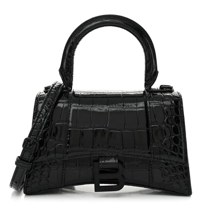 Balenciaga Shiny Calfskin Monochrome Crocodile Embossed Hourglass Top Handle Bag XS Black 1 of 17