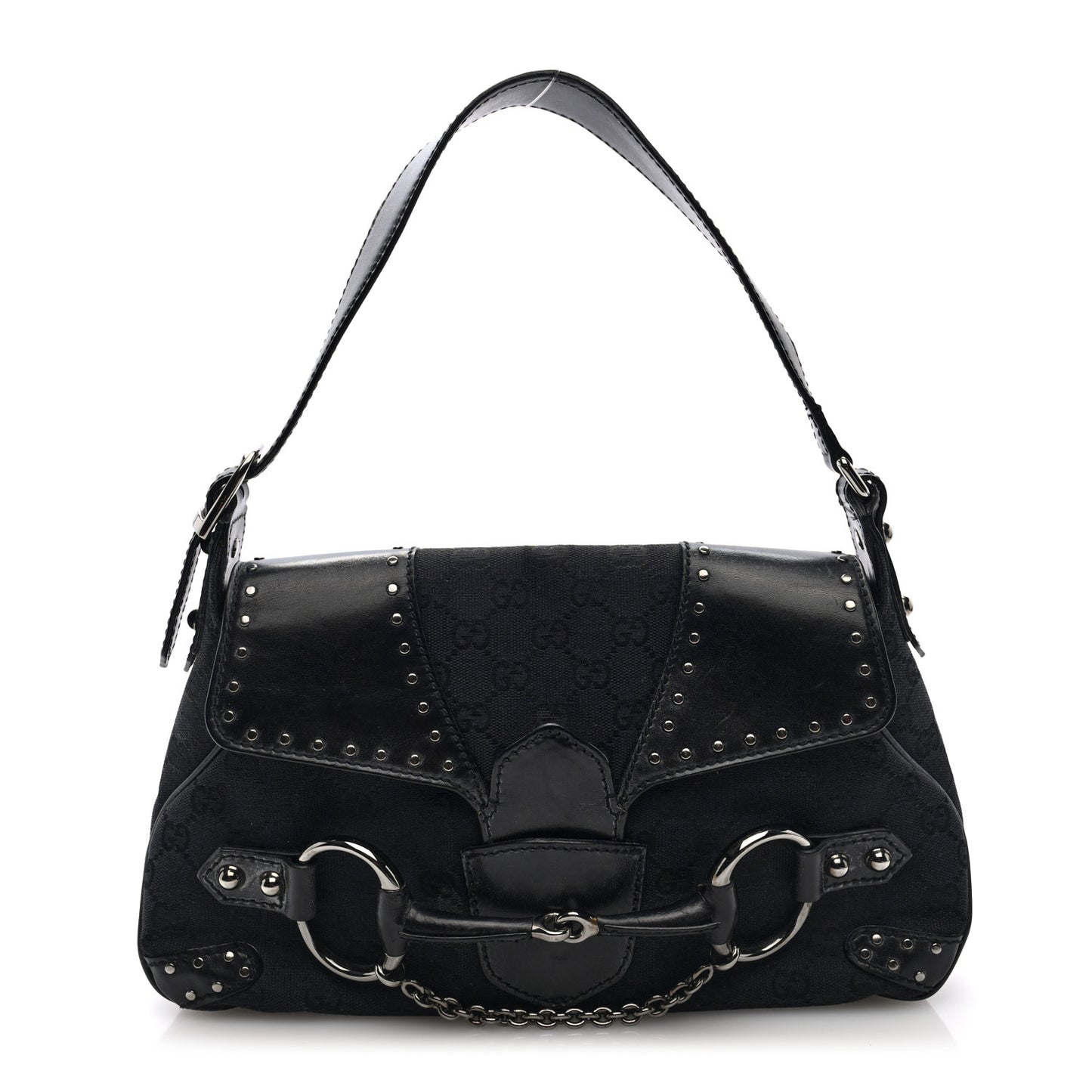 Monogram Horsebit Chain Studded Flap Shoulder Bag Black