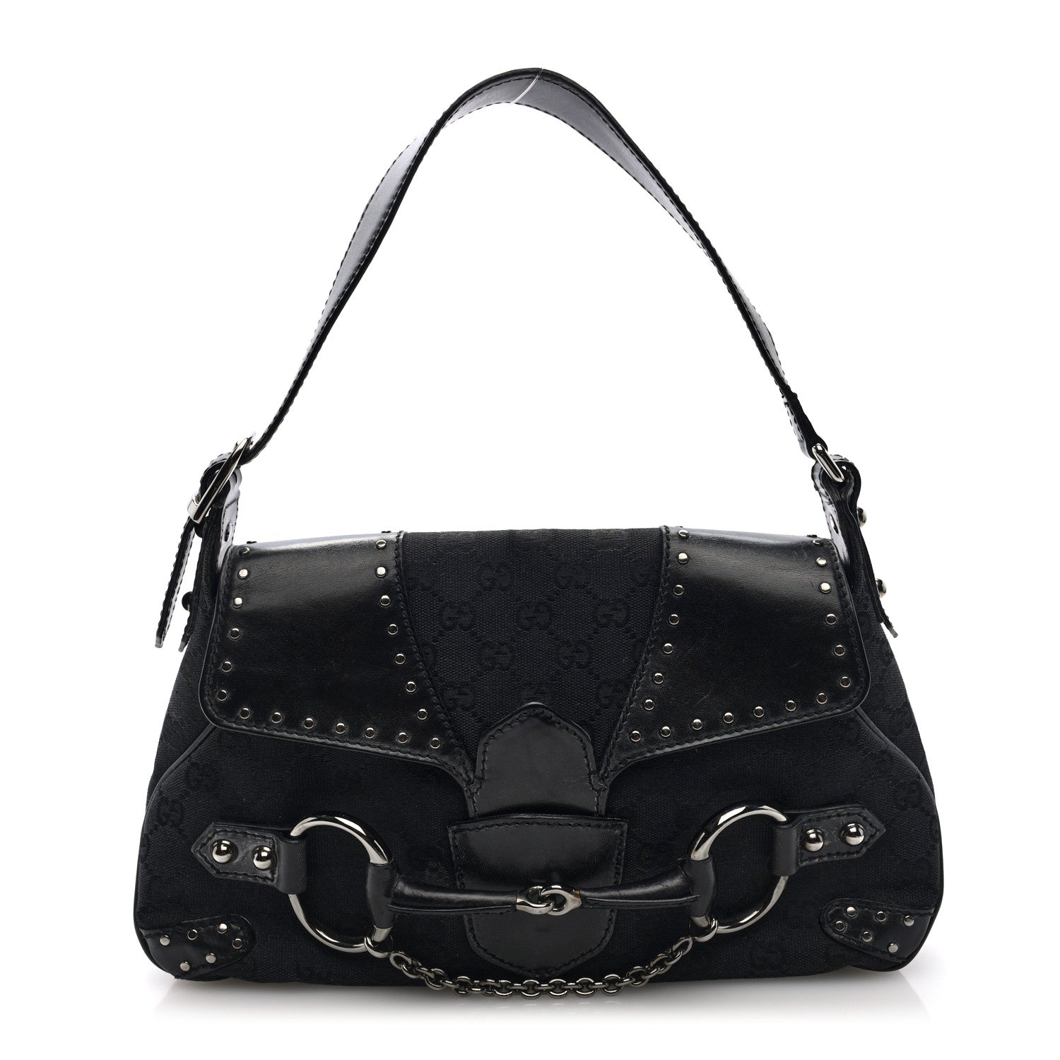 Gucci Monogram Horsebit Chain Studded Flap Shoulder Bag Black 1 of 10