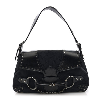 Gucci Monogram Horsebit Chain Studded Flap Shoulder Bag Black 1 of 10