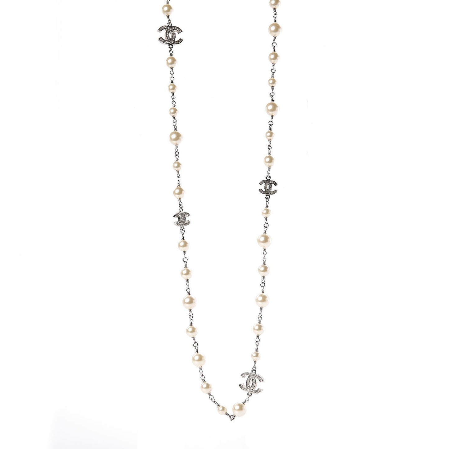 Crystal Pearl CC Long Necklace Silver