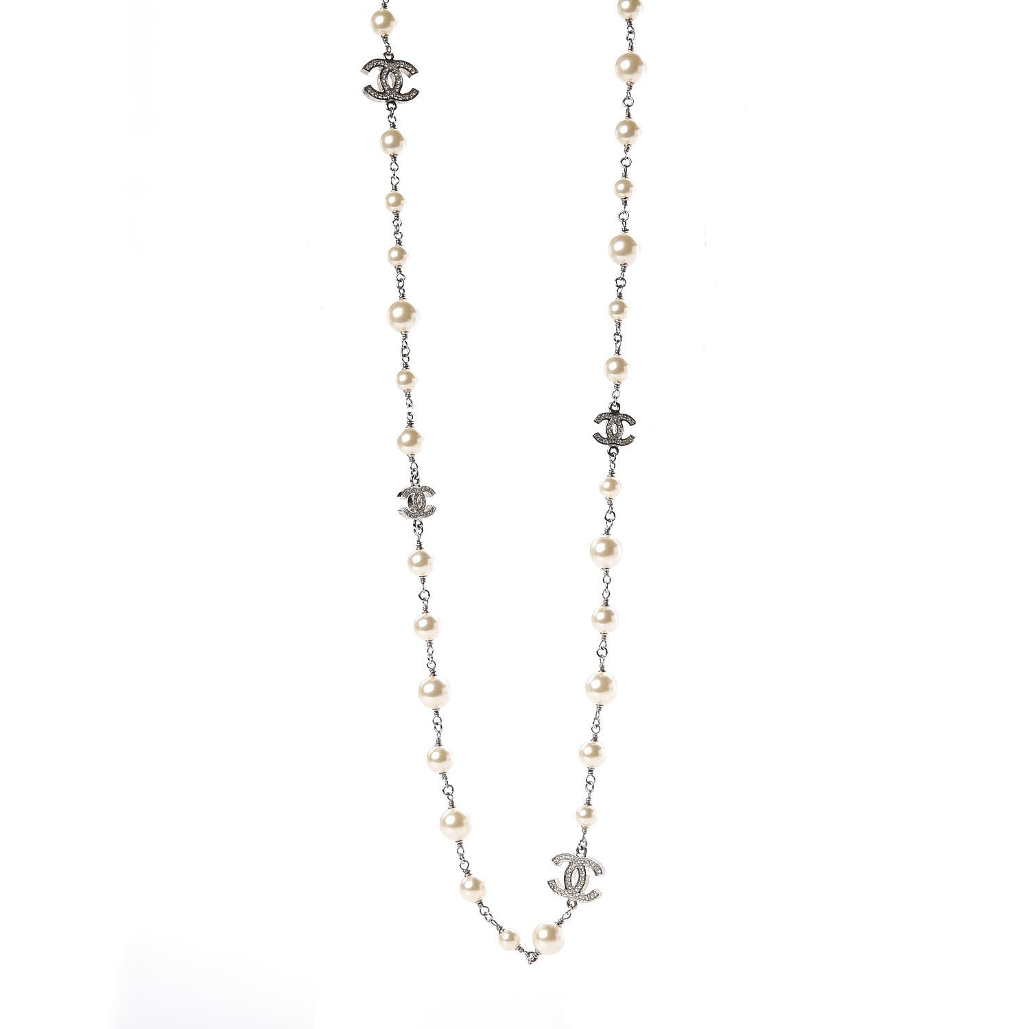 Chanel Crystal Pearl CC Long Necklace Silver 1 of 6