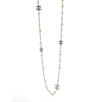 Chanel Crystal Pearl CC Long Necklace Silver 1 of 6
