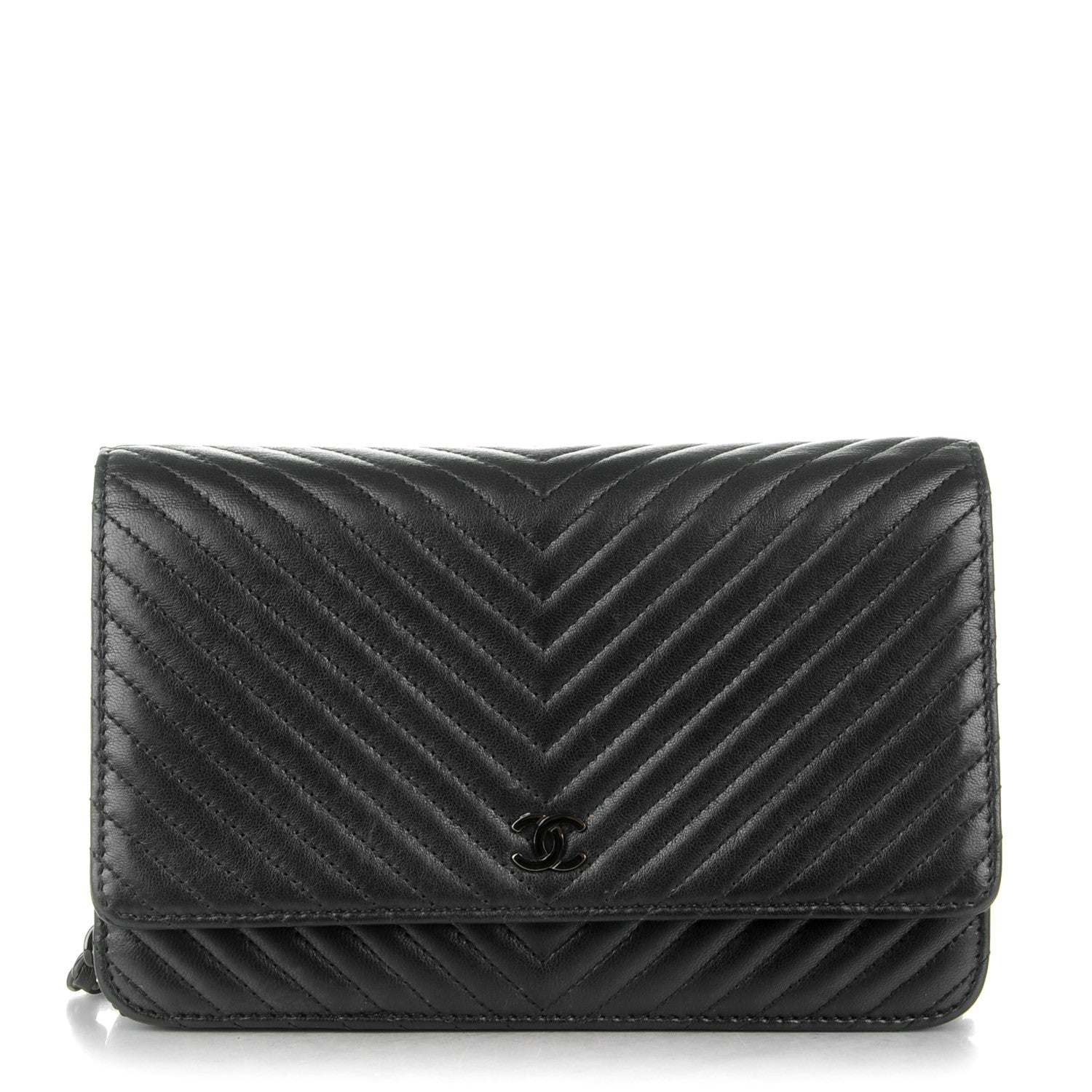 Chanel Lambskin Chevron Wallet On Chain WOC Black 1 of 10