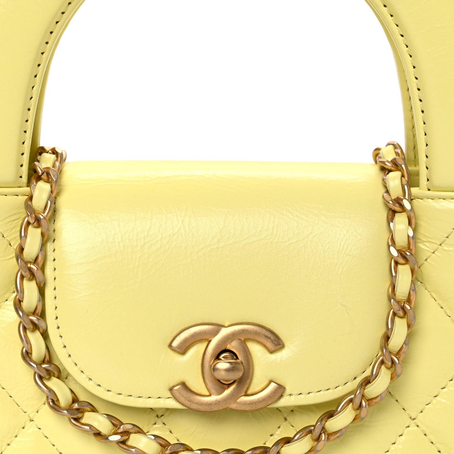 Shiny Aged Calfskin Quilted Nano Kelly Shopper Light Yellow