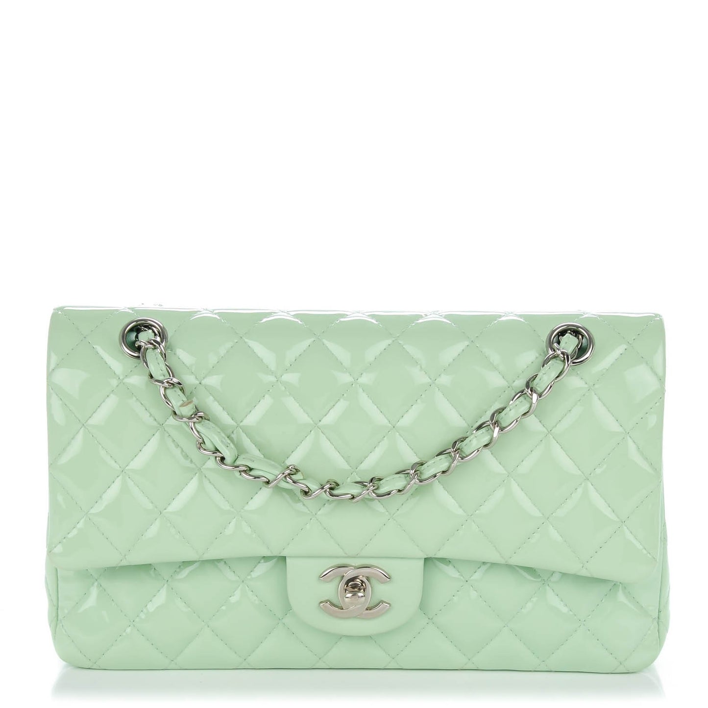 Patent Calfskin Quilted Medium Double Flap Light Green