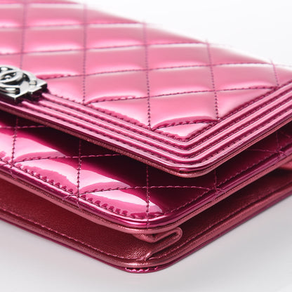 Chanel Metallic Patent Calfskin Quilted Boy Wallet On Chain WOC Fuchsia 10 of 13