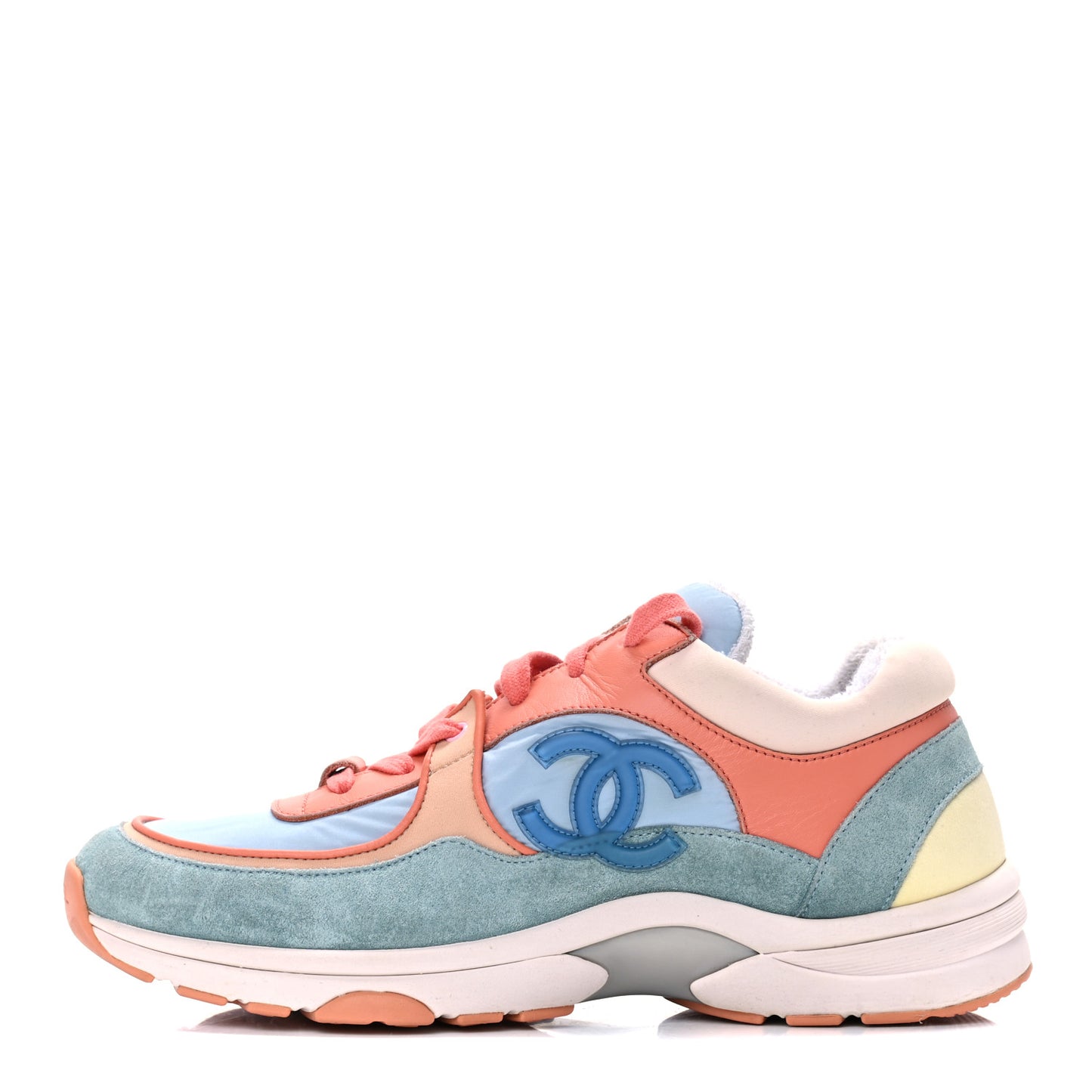 Nylon Lambskin Suede Calfskin CC Sneakers 38.5 Coral Light Blue White