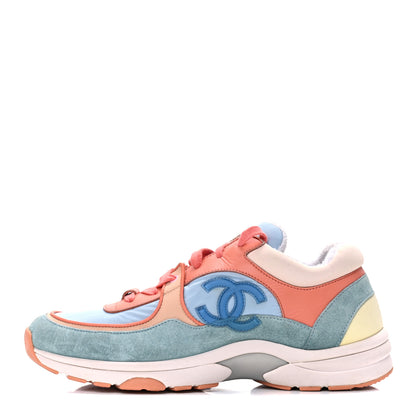 Chanel Nylon Lambskin Suede Calfskin CC Sneakers 38.5 Coral Light Blue White 1 of 18