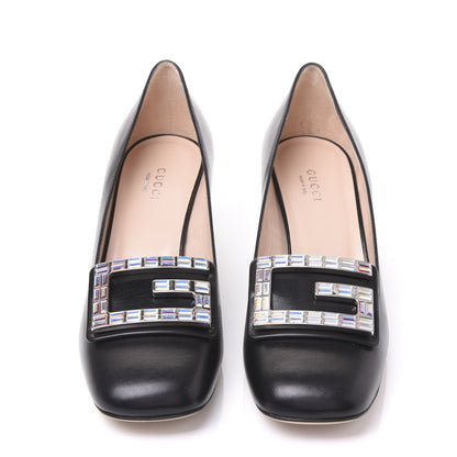 Gucci Malaga Kid Crystal Square G Madelyn Mid Heel Loafer Pumps 37 Black 3 of 9