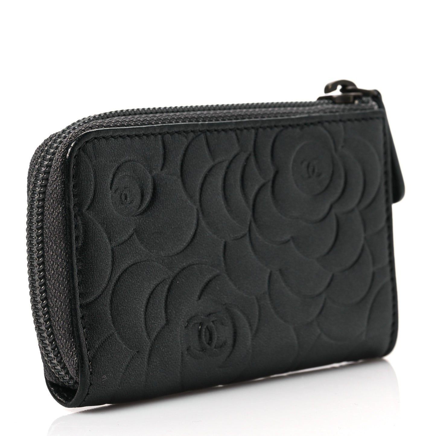 Lambskin Camellia Embossed Key Holder Case Black