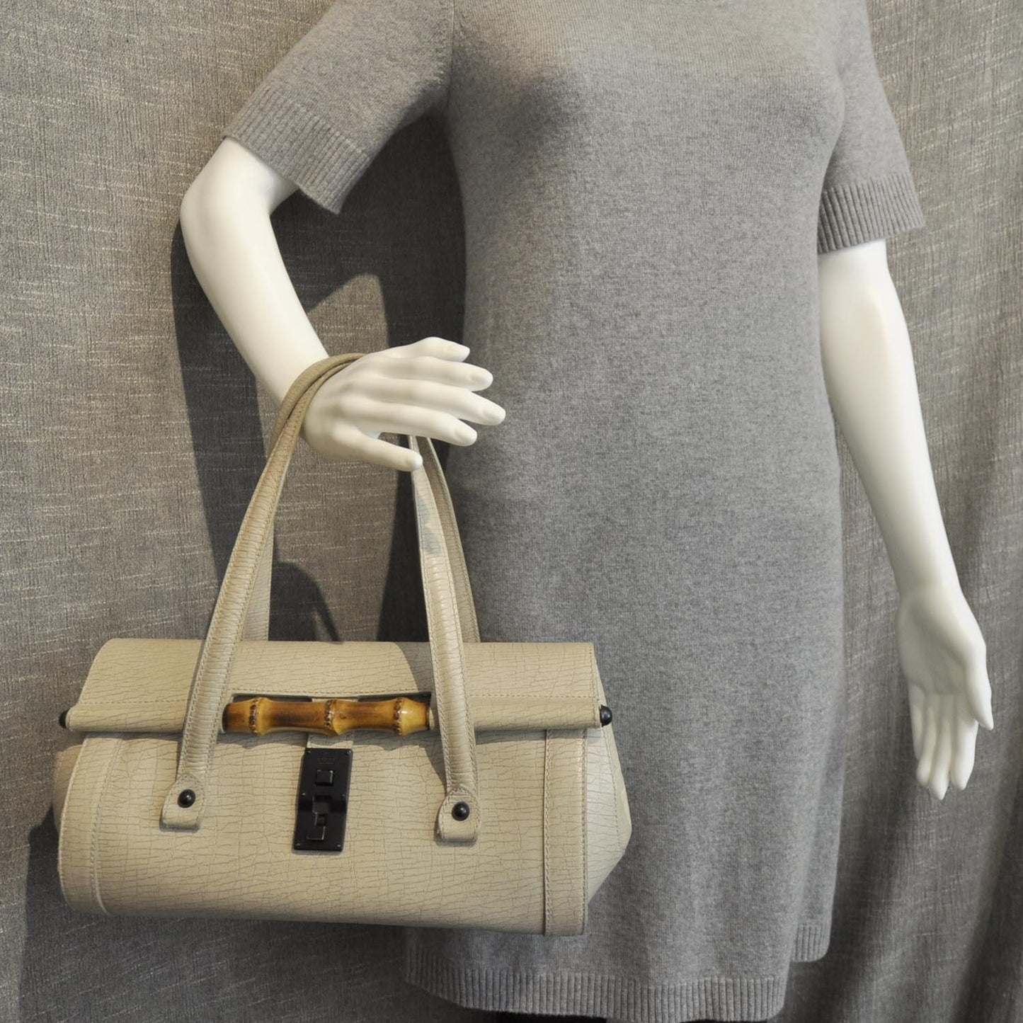 Leather Bamboo Bullet Satchel Ivory