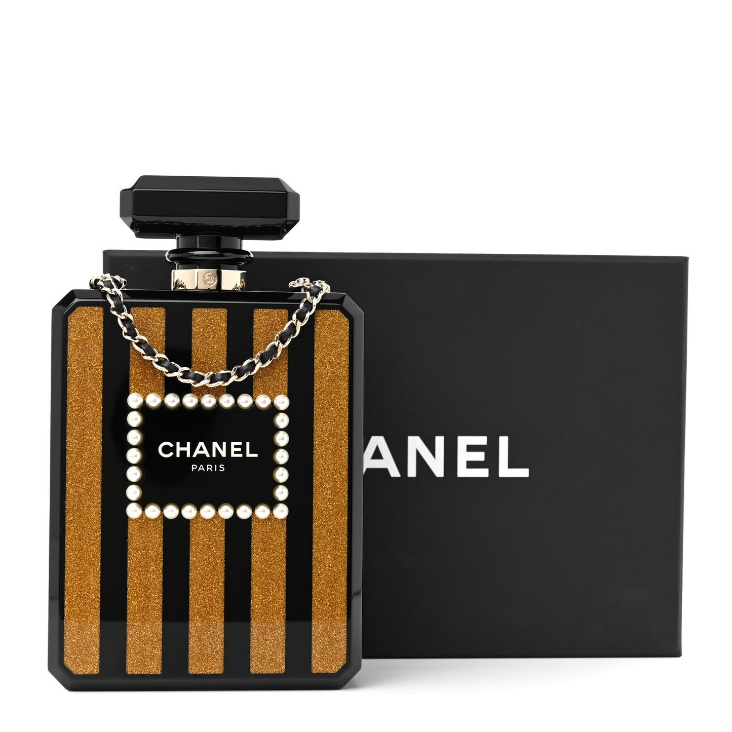 Plexiglass Perfume Bottle Clutch Black Gold
