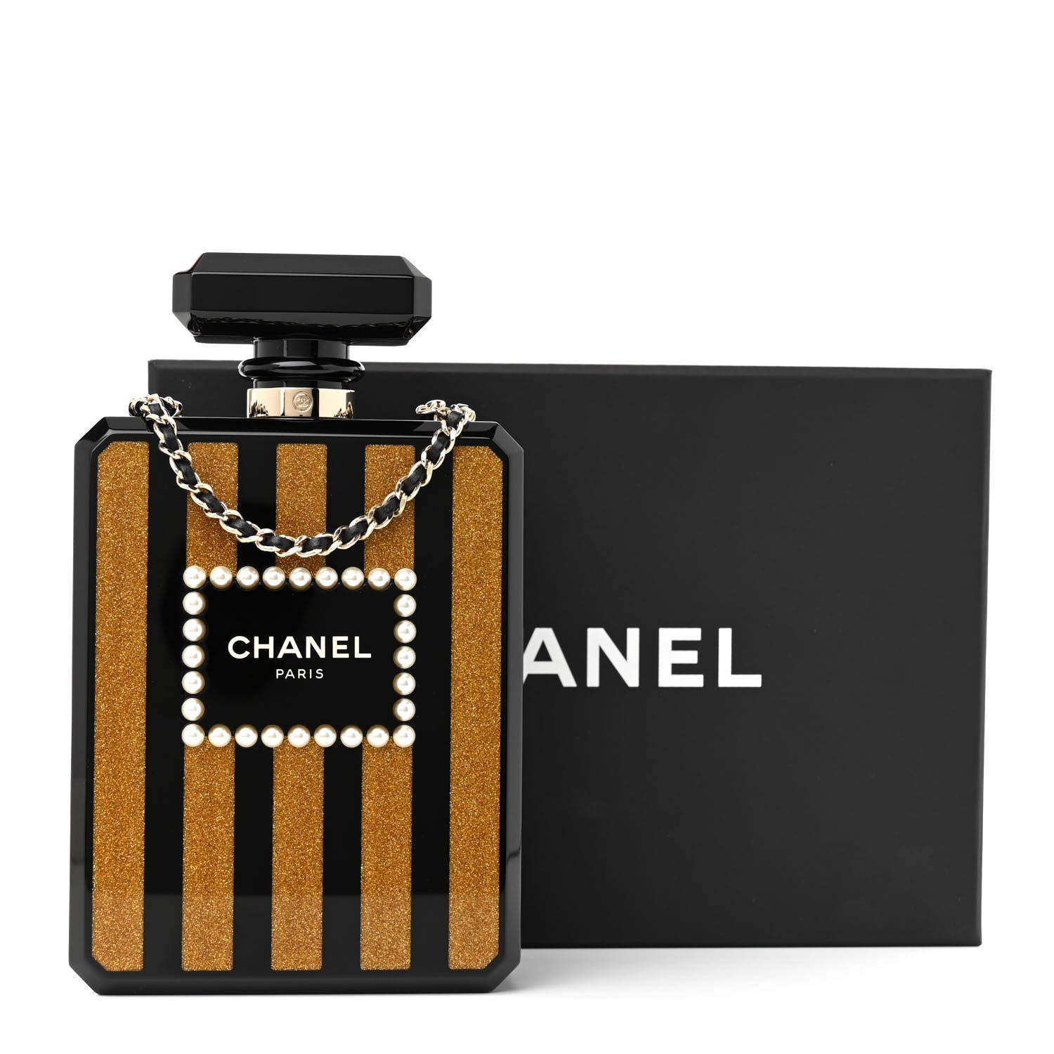 Chanel Plexiglass Perfume Bottle Clutch Black Gold 12 of 12
