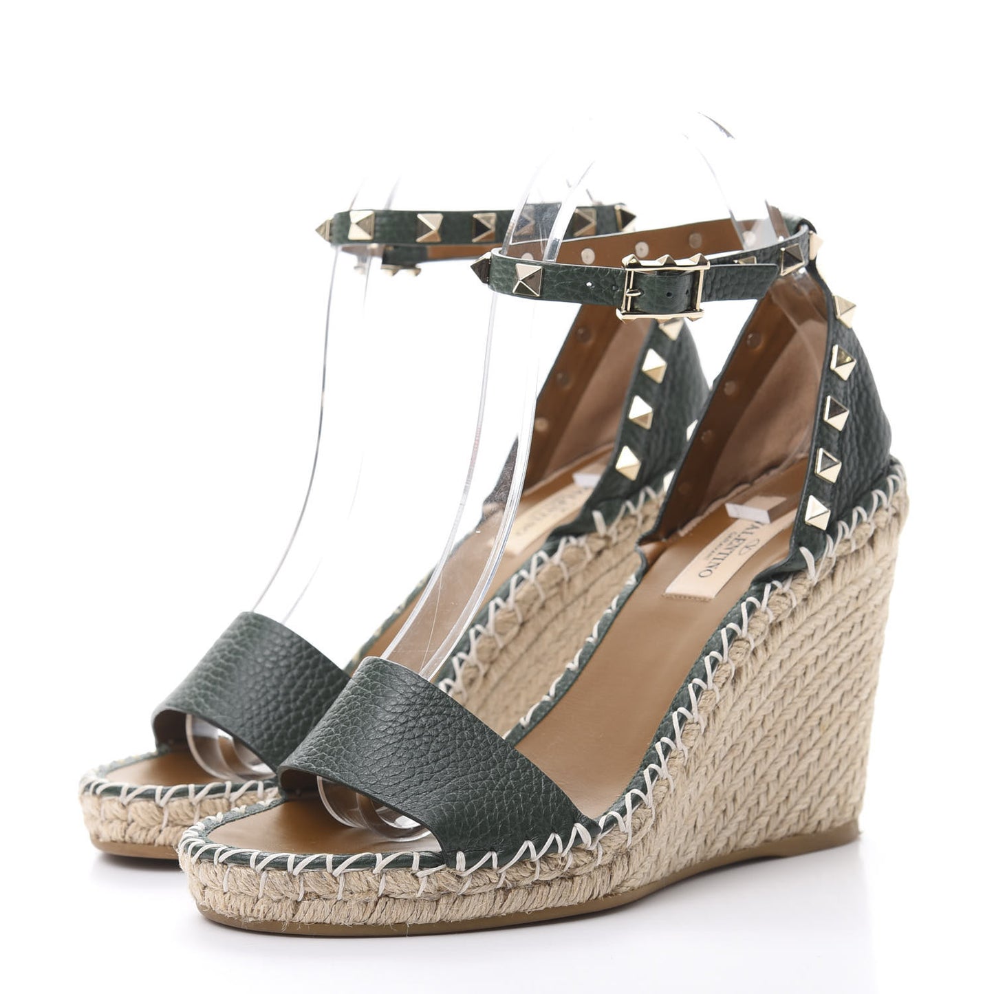 Grained Calfskin Rockstud Ankle Strap Espadrille 15/105mm Wedge Sandals 37 Army Green Natural