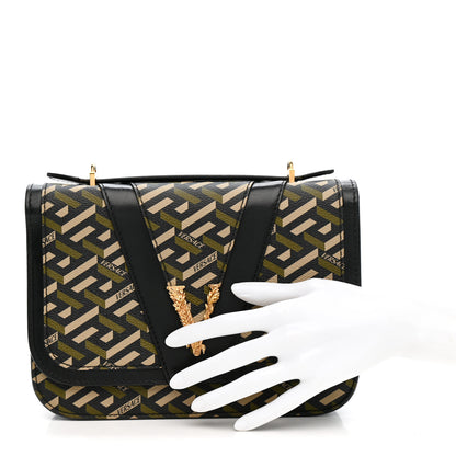 Versace Coated Canvas La Greca Signature Print Virtus Top Handle Shoulder Bag Black Khaki 2 of 12