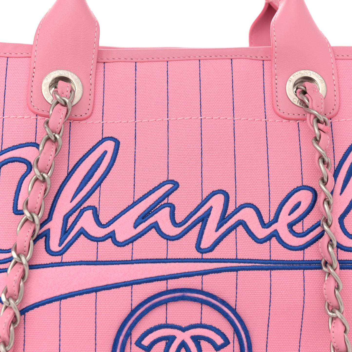 Canvas Calfskin Striped Medium Deauville Tote Pink Blue