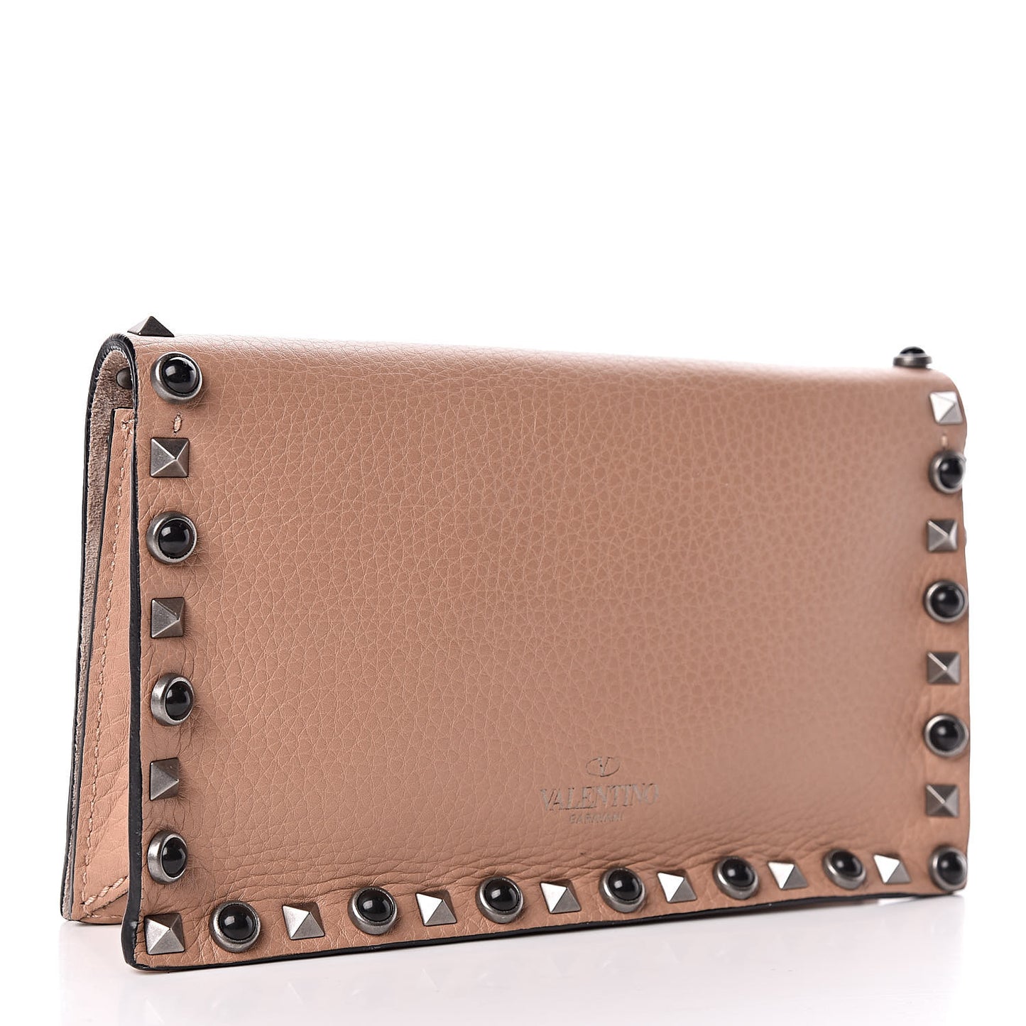 Pebbled Calfskin Onyx Small Rockstud Rolling Wristlet Clutch Soft Noisette