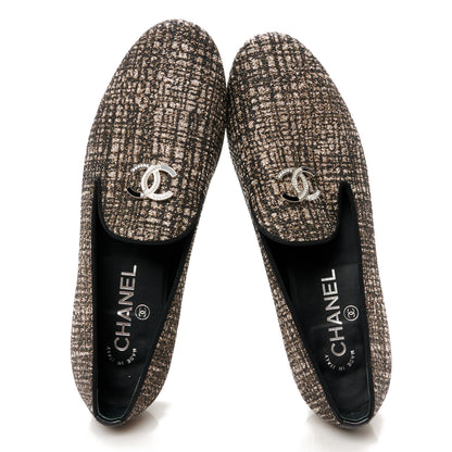 Chanel Fantasy Fabric Grosgrain CC Mocassin Loafers 37.5 Silver Black 2 of 10