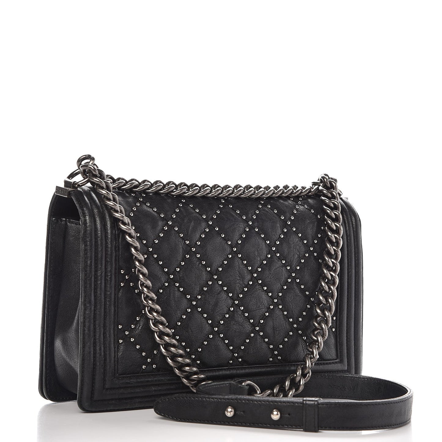 Crumpled Lambskin Medium Studded Boy Flap Black