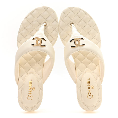 Lambskin Quilted Padded Thong Sandals 39.5 White