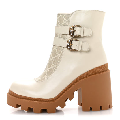 Gucci Kensington Calfskin Nappa GG Supreme Monogram Womens Double Buckle Ankle Boots 41.5 Mystic White Beige 1 of 9