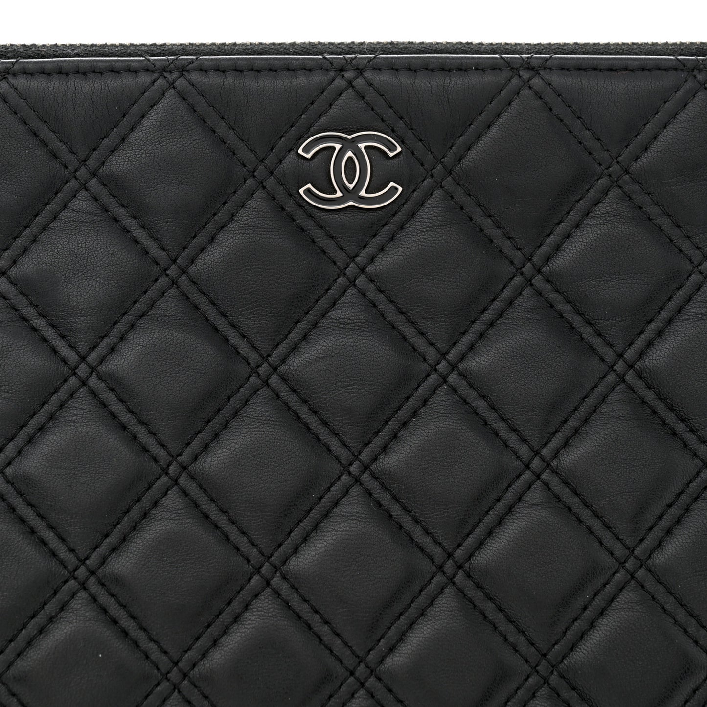 Lambskin Double Stitch Quilted Large Cosmetic Case Black