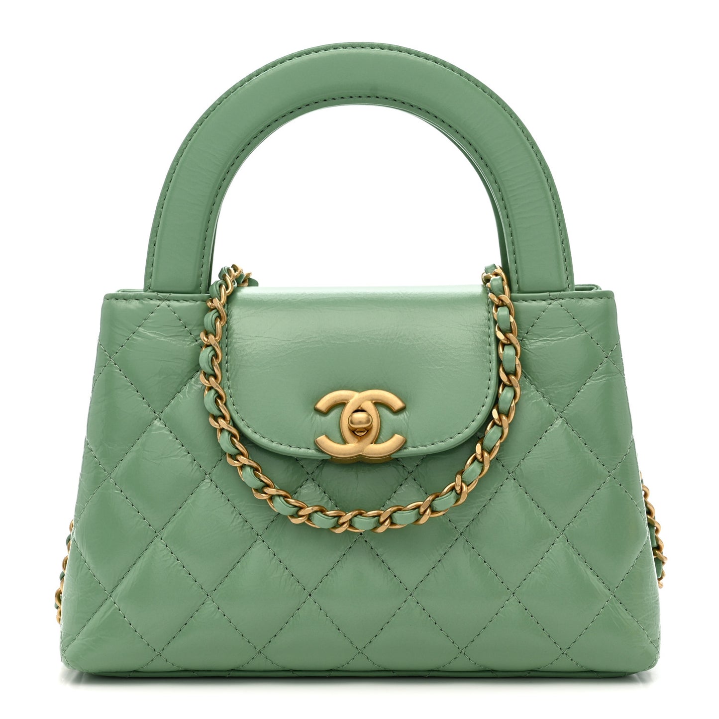 Shiny Aged Calfskin Quilted Nano Kelly Shopper Light Green