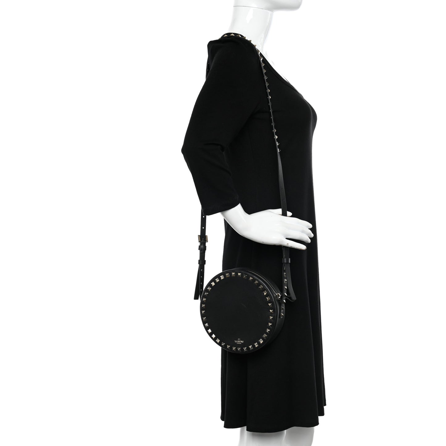 Calfskin Rockstud Round Crossbody Bag Black