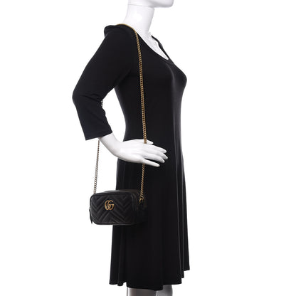 Gucci Calfskin Matelasse Mini GG Marmont Chain Crossbody Bag Black 2 of 13