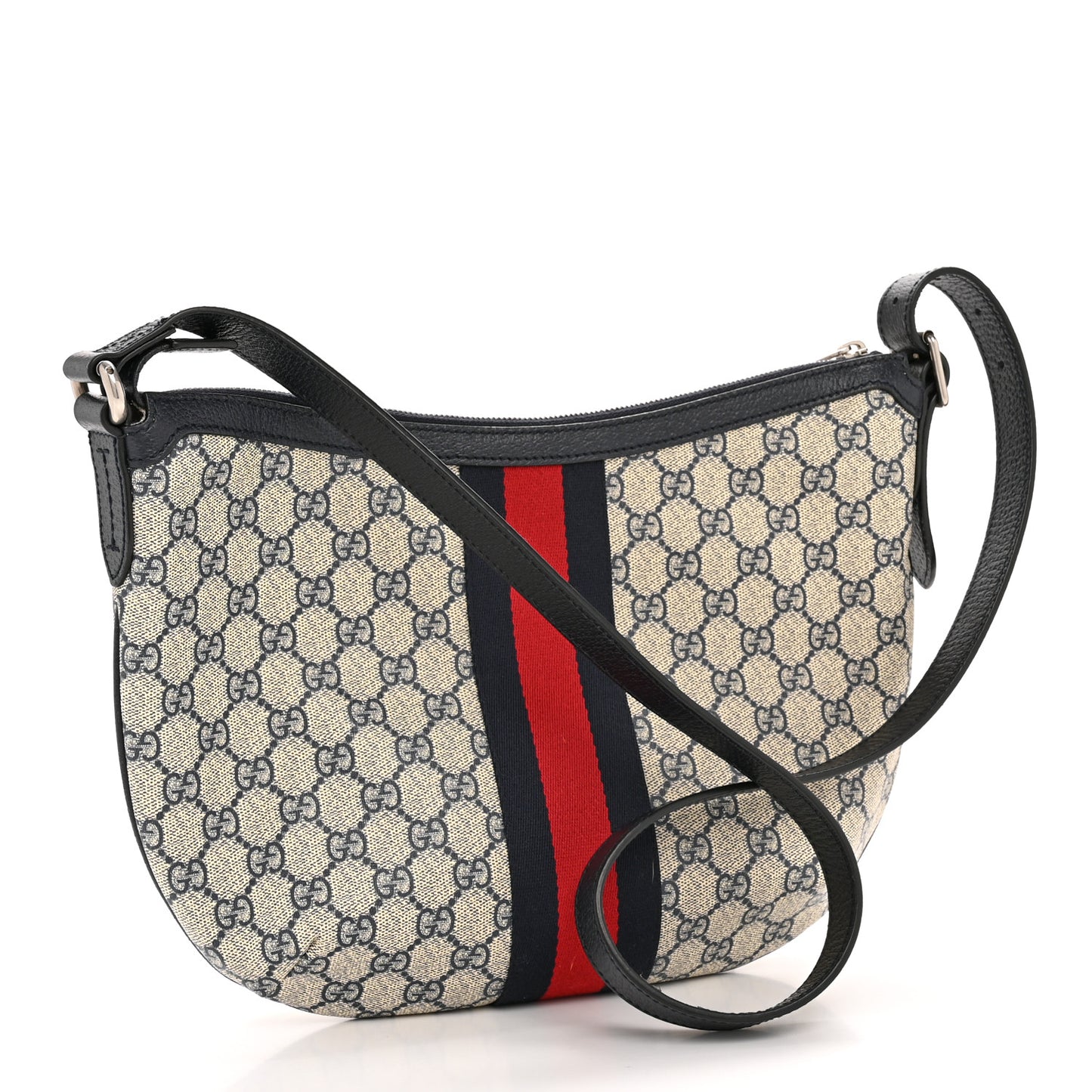 GG Supreme Monogram Textured Dollar Calfskin Web Small Ophidia Half Moon Hobo Beige Blue