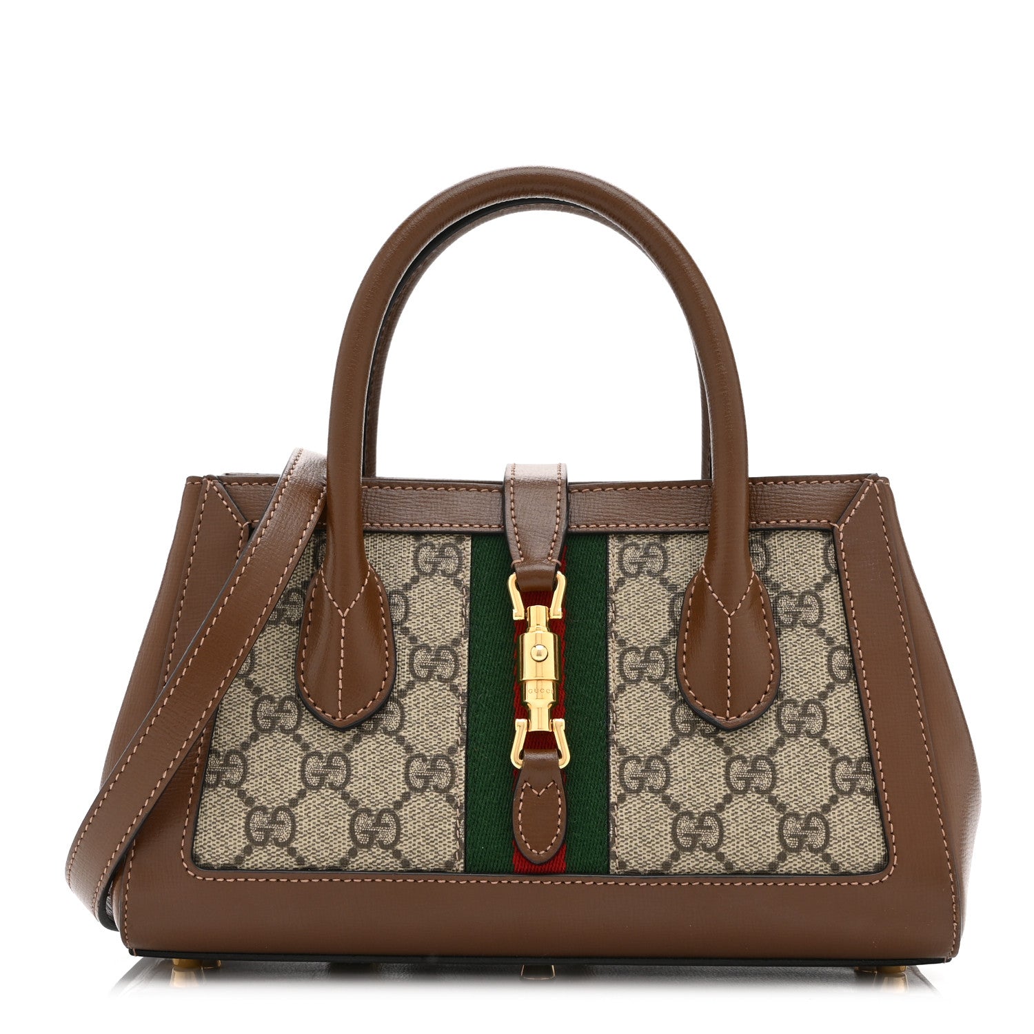 Gucci GG Supreme Monogram Azalea Calfskin Web Small Jackie 1961 Tote Beige Ebony Brown Sugar 1 of 11